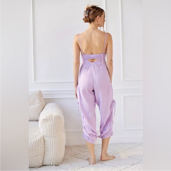 Out from Under Lavender Romper Jumpsuit w Oversized Bottoms and Cinching Ties UO - Picture 4 of 15